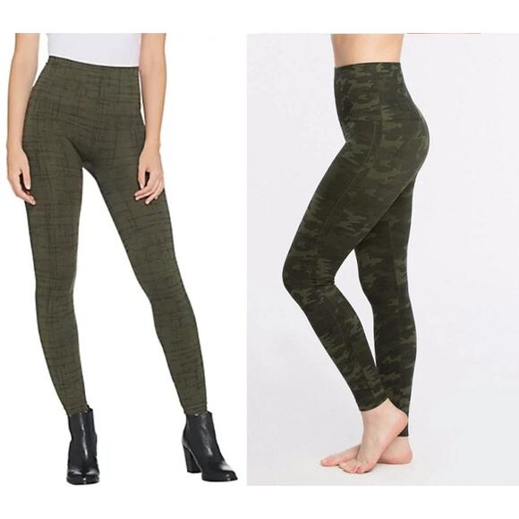 2 Pairs Spanx Size Small Look at Me Now Leggings Olive Green Stitch & Camo Print - Picture 1 of 11